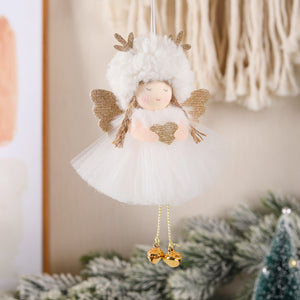 Gold and White Angel Ornament with Bells and Glitter Wings - Christmas Hanging Decoration 16*10*5cm  White colour (5 pieces)