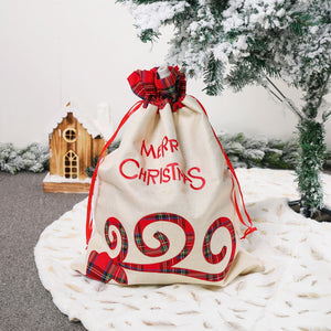 Large Merry Christmas Drawstring Gift Bag with Plaid Accents - Perfect for Holiday Presents (3 pieces)