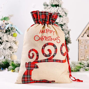 Large Merry Christmas Drawstring Gift Bag with Plaid Accents - Perfect for Holiday Presents (3 pieces)