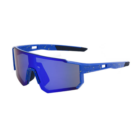 Blue Frame Sports Sunglasses with Splatter Design & UV400 Mirrored Lens | Athletic Eyewear