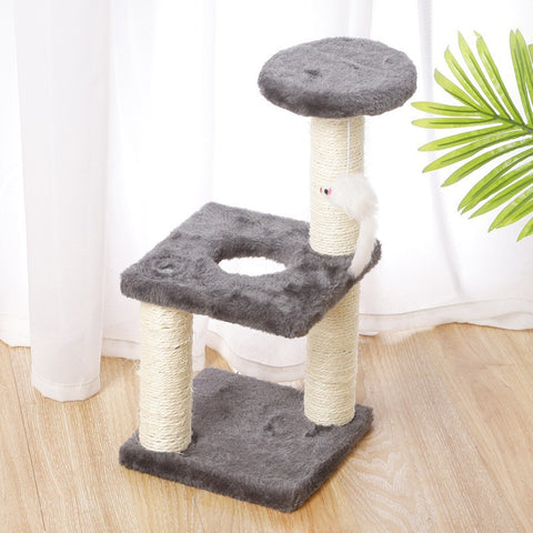 Cat Tree with Two Platforms, Scratching Posts, and Hanging Mouse Toy