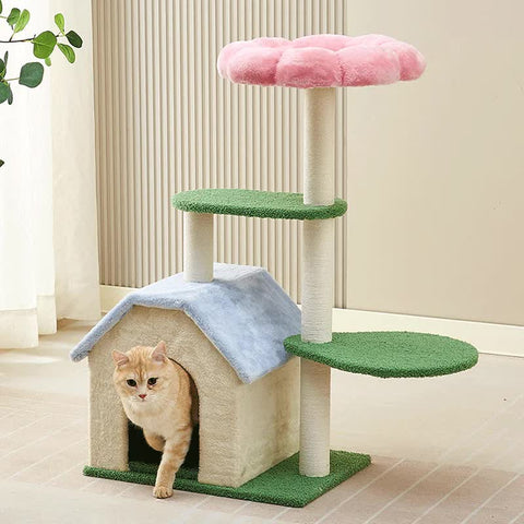 Floral Cat Tree with Cozy Hideaway and Scratching Posts (50x38x92 cm)