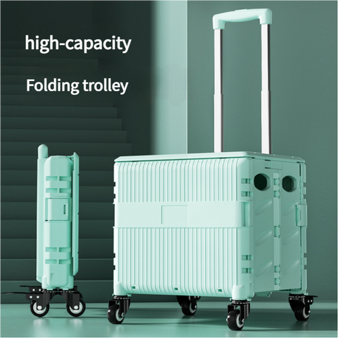 Foldable Rolling Storage Cart with Telescopic Handle - Large Capacity, Portable Utility Box  45L Green