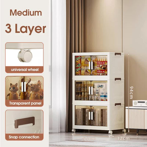 Stackable Storage Boxes with Transparent Doors - Modular Organizer for Home & Pantry 55*32*94cm (3 layer )