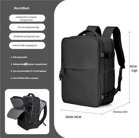 Water-Resistant Laptop Backpack with USB Charging Port and Wet-Dry Separation (Black)