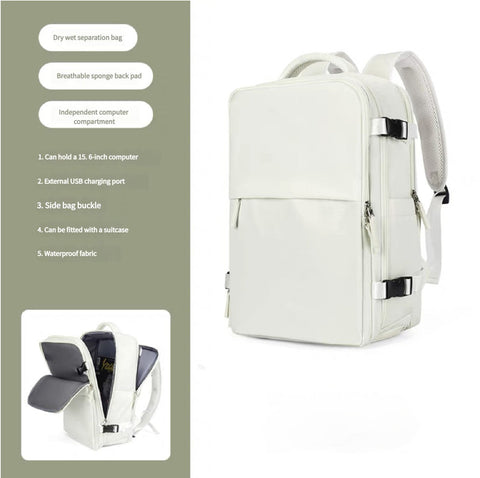 Water-Resistant Laptop Backpack with USB Charging Port and Wet-Dry Separation (Beige)