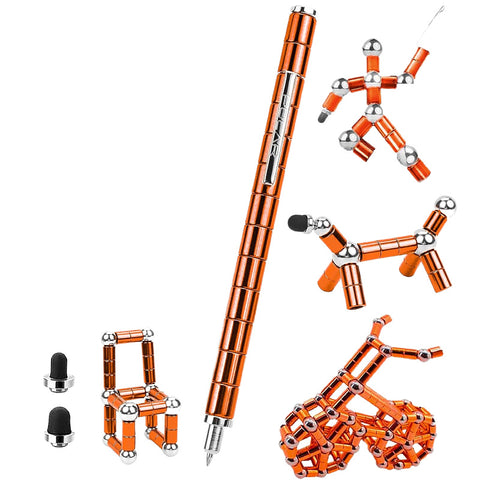 (2 set) Magnetic Fingertip Pen Building Toy Set - Multifunctional Orange Magnet Pen with Creative Building Blocks and Replacement Refills