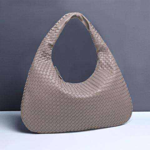 Light Gray Elegant Woven PU Leather Hobo Bag - Stylish Large-Capacity Shoulder Handbag for Women