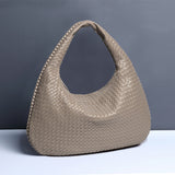 Beige-gray Elegant Woven PU Leather Hobo Bag - Stylish Large-Capacity Shoulder Handbag for Women