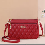 Red PU Leather Quilted Crossbody Bag for Women - Compact Multi-Compartment Shoulder Purse