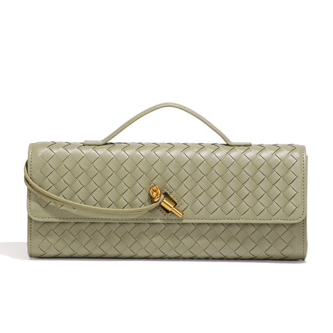 Light Green Luxury Woven PU Leather Clutch - Elegant Women's Evening Baguette Bag with Adjustable Shoulder Strap