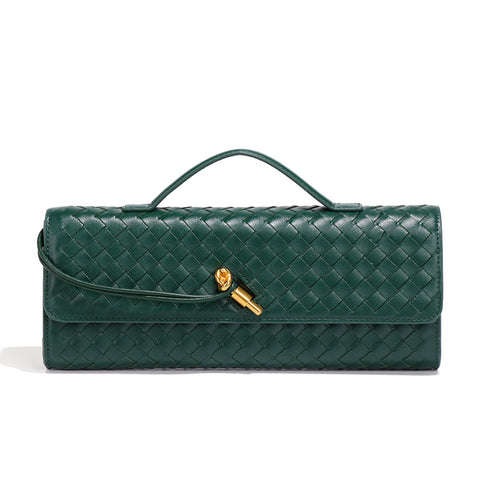 Deep Green Luxury Woven PU Leather Clutch - Elegant Women's Evening Baguette Bag with Adjustable Shoulder Strap