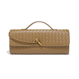 Khaki Luxury Woven PU Leather Clutch - Elegant Women's Evening Baguette Bag with Adjustable Shoulder Strap