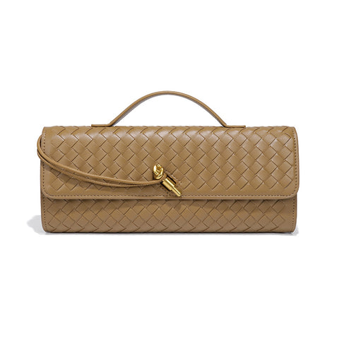 Khaki Luxury Woven PU Leather Clutch - Elegant Women's Evening Baguette Bag with Adjustable Shoulder Strap