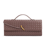 Coffee Luxury Woven PU Leather Clutch - Elegant Women's Evening Baguette Bag with Adjustable Shoulder Strap