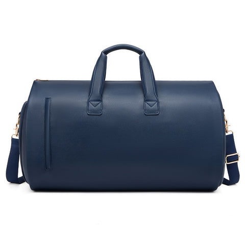 Blue PU Leather Travel Duffel Bag - Large Capacity Waterproof Suit Bag with Shoe Compartment