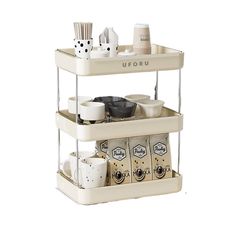 Home storage rack with drain tray three-layer, cream white