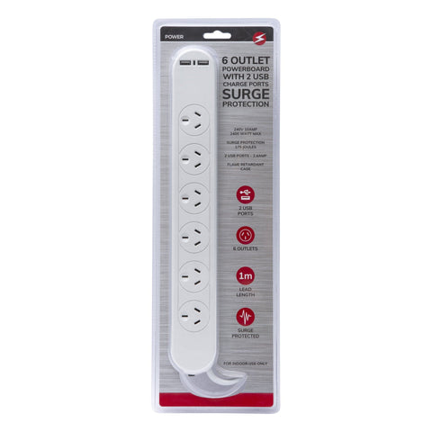 6 Outlet Powerboard With Surge Protection and Dual USB Charger 1M Lead Cable