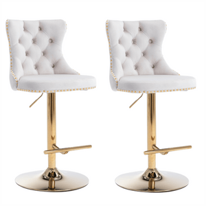 Darrahopens Furniture > Bar Stools & Chairs 4x Height Adjustable Swivel Bar Stool Velvet Studs Barstool with Footrest and Golden Base- Beige
