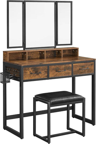 Darrahopens Furniture > Bedroom VASAGLE Dresser Table with Trifold Mirror Rustic Brown and Black RVT004B01V1