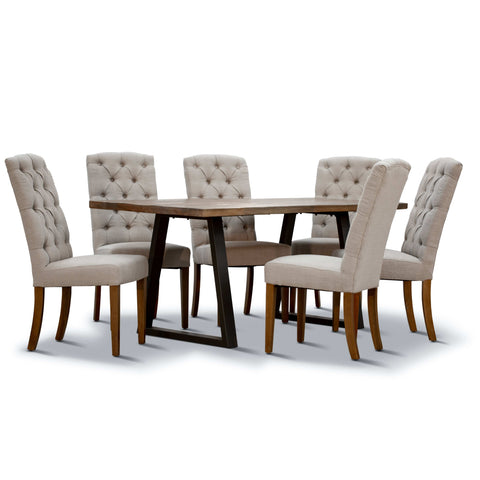 Darrahopens Furniture > Dining Begonia 7pc Dining Set 180cm Live Edge Table 6 Beige Fabric Chair Mango Wood