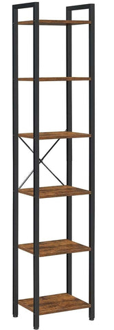 Darrahopens Furniture > Living Room Small 6-Tier Industrial Bookshelf, Rustic Brown, Black