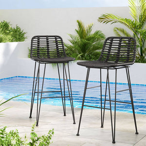 Darrahopens Furniture > Outdoor Gardeon 2 Piece Outdoor Bar Stools Wicker Dining Rattan Chair Black