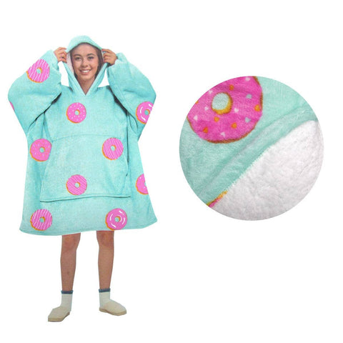 Darrahopens Home & Garden > Bedding Blanket Hoodie with Sherpa Reverse Aqua Donuts