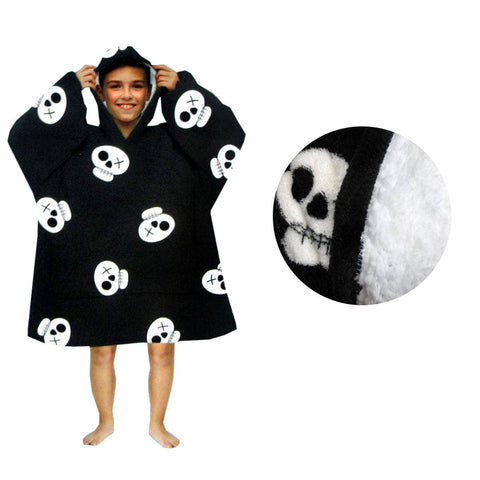 Darrahopens Home & Garden > Bedding Blanket Hoodie with Sherpa Reverse Black Pirate Skulls