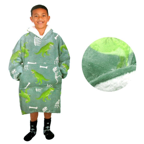 Darrahopens Home & Garden > Bedding Blanket Hoodie with Sherpa Reverse Green Dinosaur