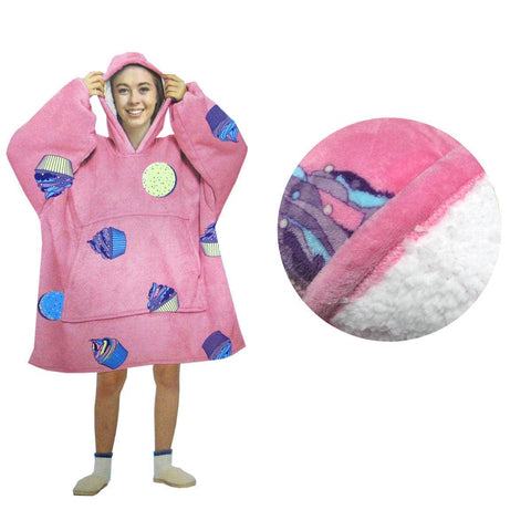 Darrahopens Home & Garden > Bedding Blanket Hoodie with Sherpa Reverse Pink Cupcakes