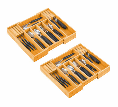 Darrahopens Home & Garden > Home & Garden Others 2 Pack Large Capacity Bamboo Expandable Drawer Organizer with Knife Block Holder for Home Kitchen Utensils