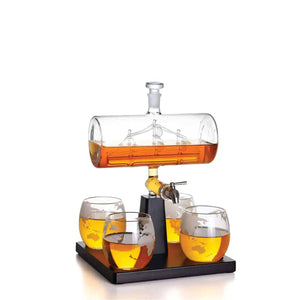 Darrahopens Home & Garden > Kitchenware 1L Whiskey or Wine Sailboat Glass Decanter Set - 4x Globe Glasses + Wooden Stand