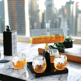 Darrahopens Home & Garden > Kitchenware 1L Whiskey or Wine Sailboat Glass Decanter Set - 4x Globe Glasses + Wooden Stand