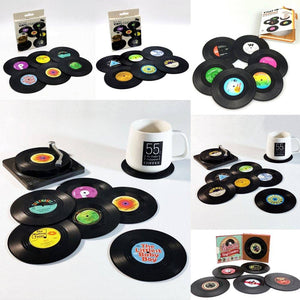 Darrahopens Home & Garden > Kitchenware 6x Creative Vinyl Record Cup Coasters w Holder Glass Drink Tableware Home Décor, A