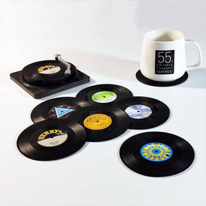 Darrahopens Home & Garden > Kitchenware 6x Creative Vinyl Record Cup Coasters w Holder Glass Drink Tableware Home Décor, B w/ Record Player Holder