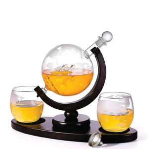 Darrahopens Home & Garden > Kitchenware 850ml Whiskey or Wine Globe Glass Decanter Set - 2x Glasses + Wooden Stand