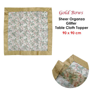 Darrahopens Home & Garden > Kitchenware Christmas Gold Bows Sheer Organza Glitter Table Cloth Topper 90 x 90 cm