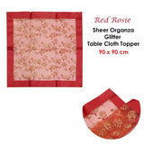 Darrahopens Home & Garden > Kitchenware Christmas Red Rosie Sheer Organza Glitter Table Cloth Topper 90 x 90 cm