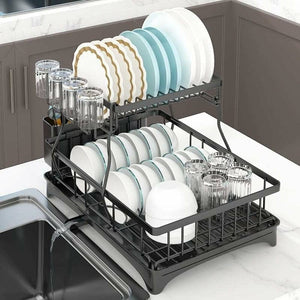 Darrahopens Home & Garden > Kitchenware Gominimo 2 Tier Dish Drying Rack with Drain Board and Drip Tray Kitchen Counter