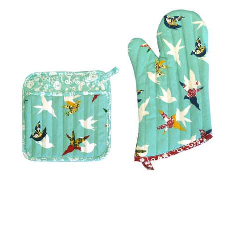 Darrahopens Home & Garden > Kitchenware Set of 100% Cotton Printed Oven Mitt + Pot Holder Aqua Birds