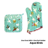 Darrahopens Home & Garden > Kitchenware Set of 100% Cotton Printed Oven Mitt + Pot Holder Aqua Birds