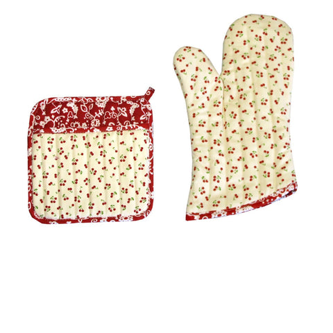 Darrahopens Home & Garden > Kitchenware Set of 100% Cotton Printed Oven Mitt + Pot Holder Cream Cherries