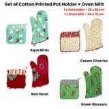 Darrahopens Home & Garden > Kitchenware Set of 100% Cotton Printed Oven Mitt + Pot Holder Cream Cherries