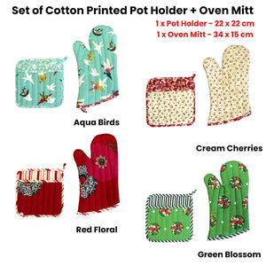 Darrahopens Home & Garden > Kitchenware Set of 100% Cotton Printed Oven Mitt + Pot Holder Green Blossom