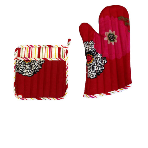 Darrahopens Home & Garden > Kitchenware Set of 100% Cotton Printed Oven Mitt + Pot Holder Red Floral