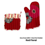 Darrahopens Home & Garden > Kitchenware Set of 100% Cotton Printed Oven Mitt + Pot Holder Red Floral