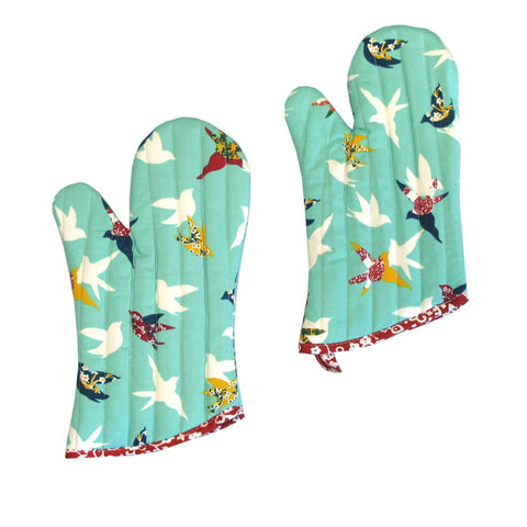 Darrahopens Home & Garden > Kitchenware Set of 2 100% Cotton Printed Oven Mitts 34 x 15 cm Aqua Birds