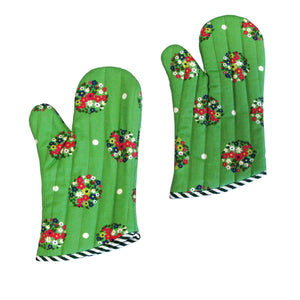 Darrahopens Home & Garden > Kitchenware Set of 2 100% Cotton Printed Oven Mitts 34 x 15 cm Green Blossom
