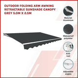 Darrahopens Home & Garden > Shading Outdoor Folding Arm Awning Retractable Sunshade Canopy Grey 5.0m x 2.5m